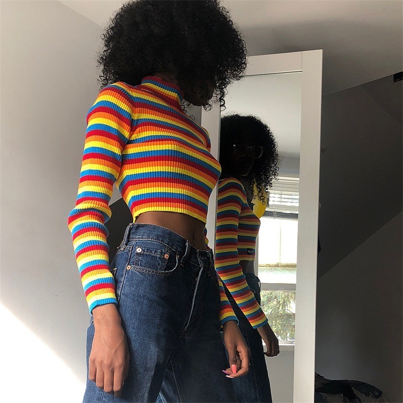 Rainbow Women's Cozy Knitted Sweater: Comfy Short Crop Top For Women