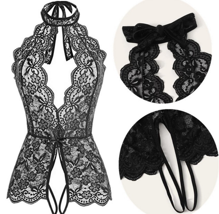 Sexy Underwear Womens Halter Lingerie Lin Tai Pajamas Lace V-neck Sleeveless Tights Babydoll Open Fork Nightwear Bodysuit