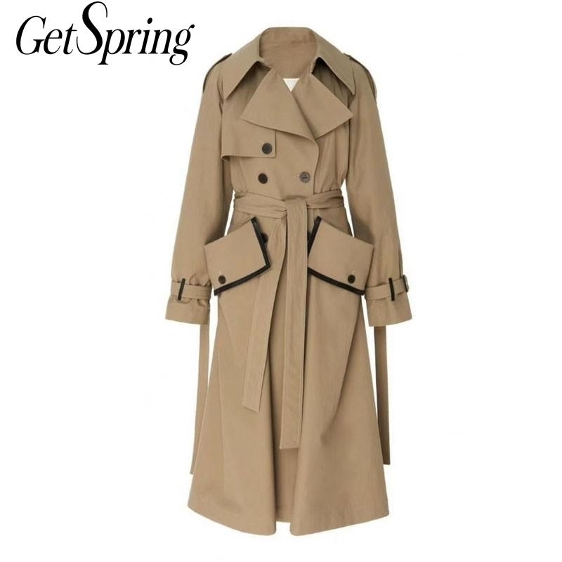 GetSpring Women Trench Coat Temperament Khaki Women Windbreaker Double Breasted Lace Up Women Overcoat Long Long Coat Autumn New 201102