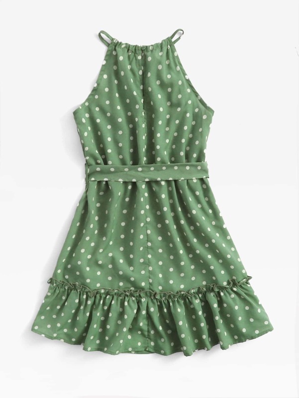 Girls Polka Dot Frill Trim Belted Dress SHE