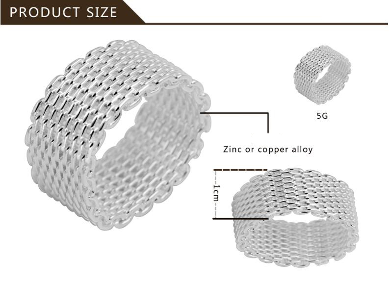 925 Sterling Silver plating Ring 10MM Weave Mesh Finger Ring Band ring for Women Fashion Wedding Jewelry Gift MOQ 20 pcs size US 6-9