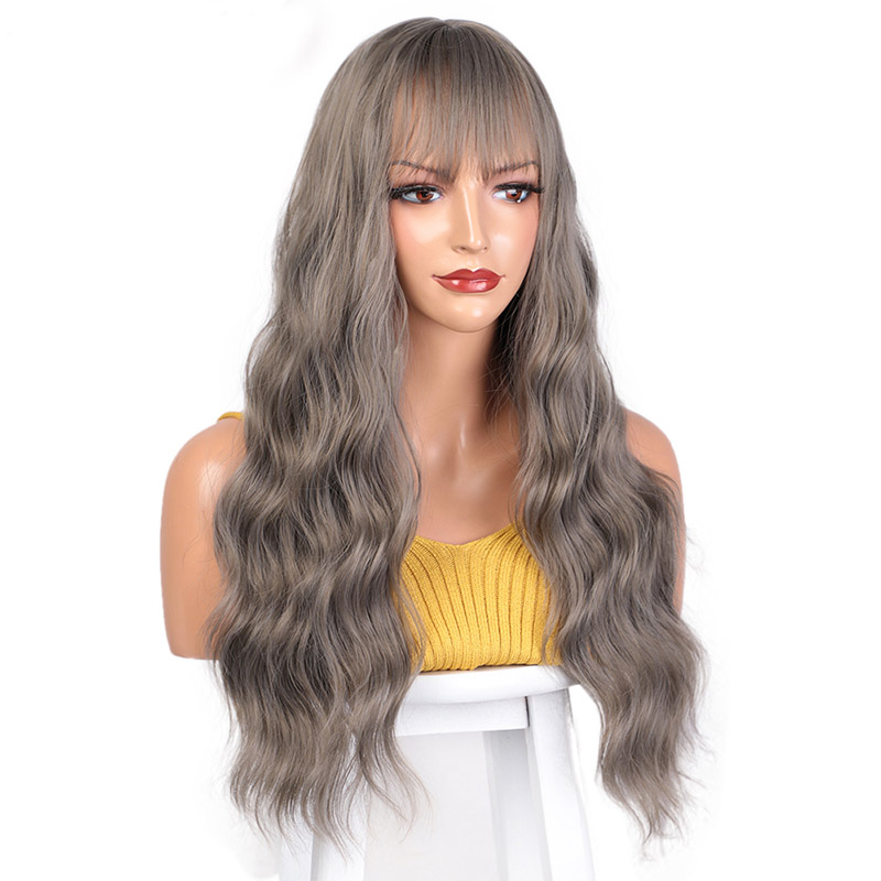 Long Wavy Wig Synthetic Wigs Mix Gray Womens Wig with Bangs for Women African American Heat Resistant Hair Daily