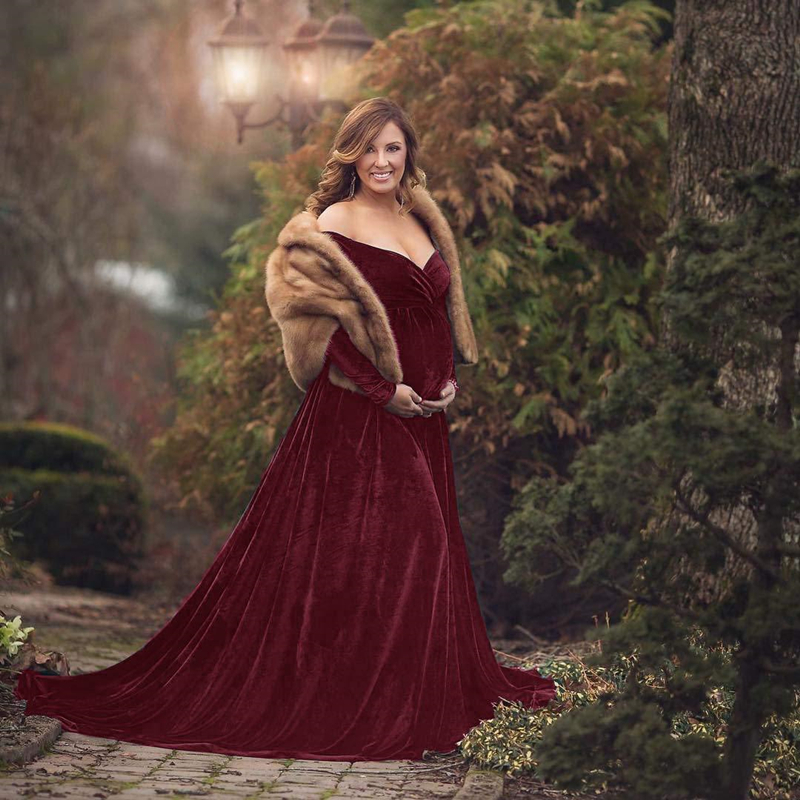 

Gold velvet Maternity Dress Photography Props For Autumn and winter Women Maxi Maternity Gown Clothes For Photo Shoots 201008, Red wine 1937