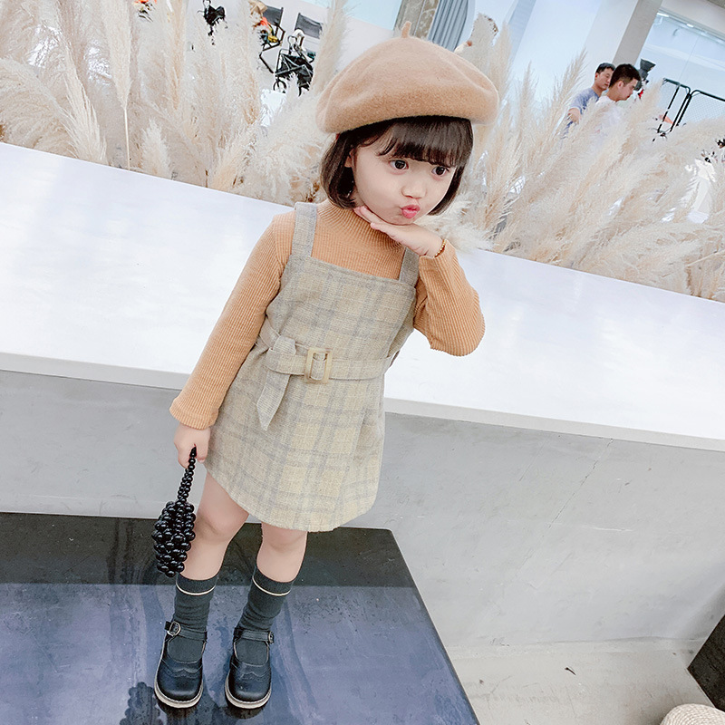 Korean Two Piece Set Baby Girls Knitted T-shirt + Suspender Dress Plaids Outfits Streetwear Toddler Kids Clothes 1 to 6 yrsX1019