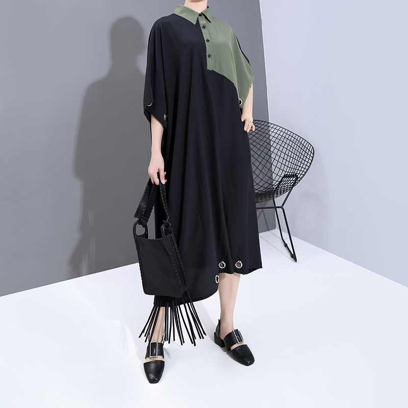 New Women Summer Black Patchwork Long Shirt Dress Plus Size Lapel Metal Ring Holes Lady Unique Casual Dress Robe Femme 6163 T200521