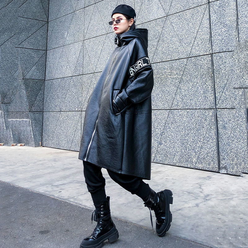 XITAO Letter Plus Size Faux Leather Women Fashion New Autumn Pocket Elegant Goddess Fan Hooded Collar Loose Coat ZLL4442 201226