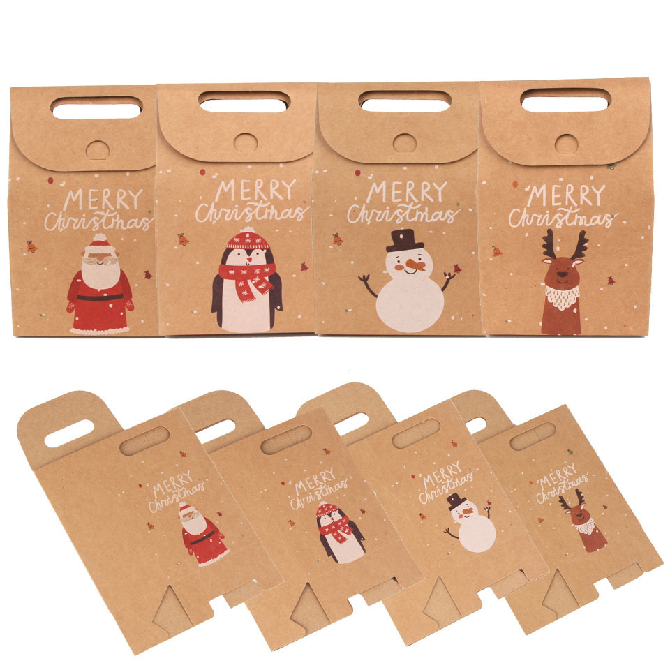 20PCS/Lot Christmas Santa/Snowman/Deer Kraft Candy Gift Bags Cookie Bags Merry Christmas Guests Packaging Boxes Party Decorations