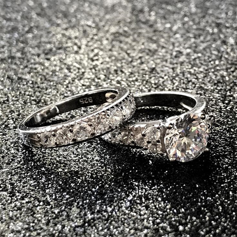Classical Vintage Fashion Jewelry Couple Rings 925 Sterling Silver Round Cut White Topaz CZ Diamond Party Women Wedding Bridal Ring Set Gift