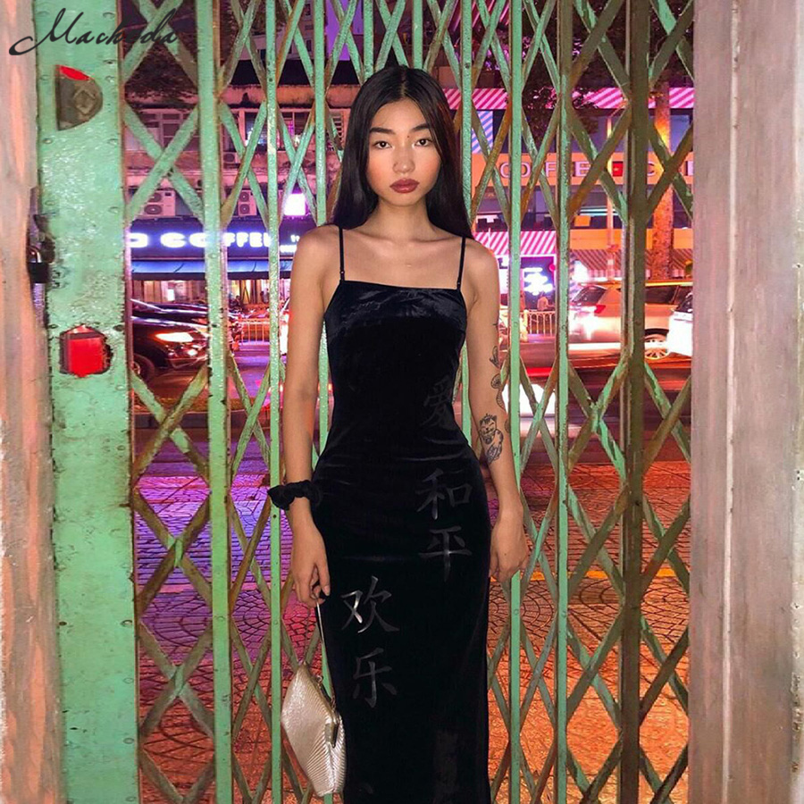 Macheda Autumn Women Fashion Chinese Character Print Spaghetti Strap Dress Lady Slim Split Hip Package Vintage Outfits New T200320