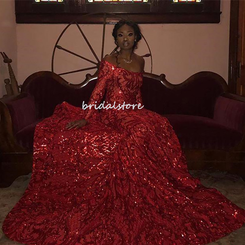 Black Girls Sparkle Sequined Prom Dresses Red Aso Ebi 2022 Sexy Off The Shoulder Mermaid Evening Dress Glitter Formal Party Dress With Train Plus Size