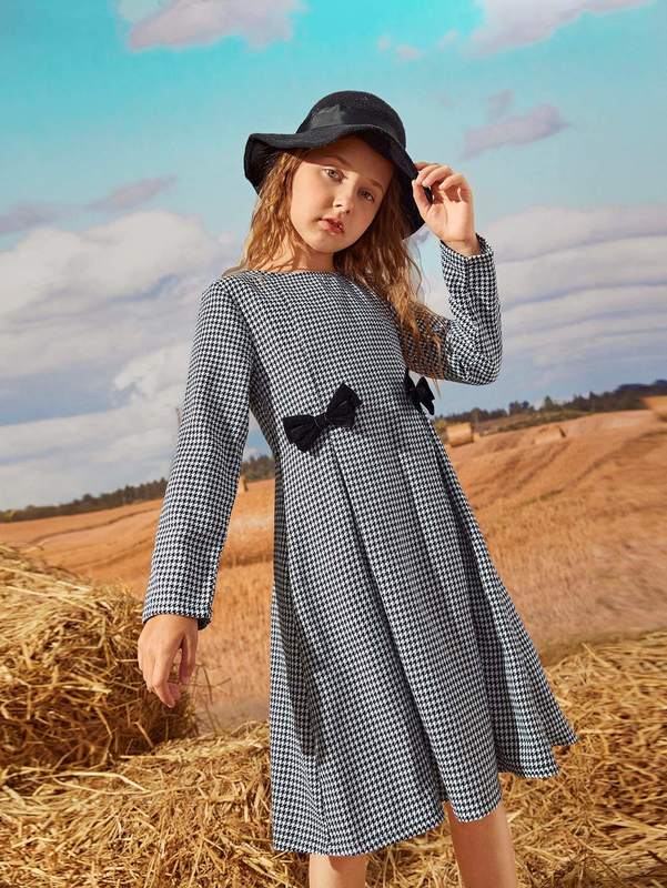 Girls Bow Detail Fold Pleated Houndstooth Dress SHE