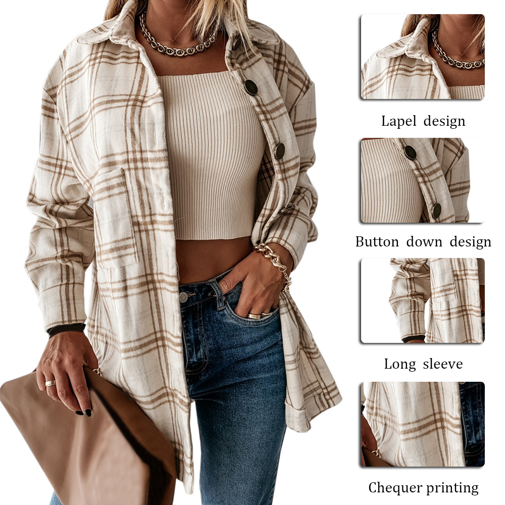 Laamei Women Plaid Blouse Long Sleeve Checked Oversized Shirt Down Collar Thick Ladies Vintage Top Blusa 201130