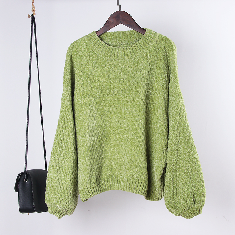 Hirsionsan Chenille Lantern Sleeve Solid Sweater Women Christmas Knitted Loose O Neck Warm Jumper Oversize Short Basic Pullovers 201222