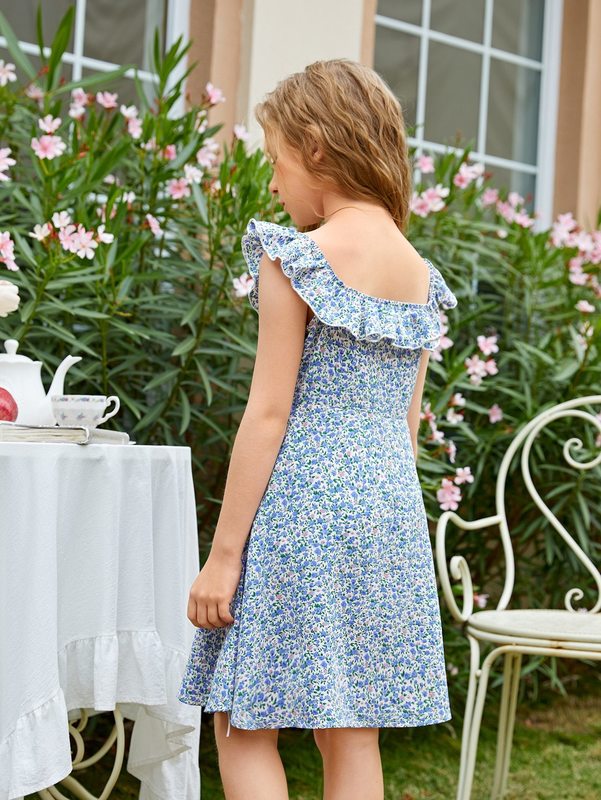 Girls Ditsy Floral Print Ruffle Trim Dress SHE01