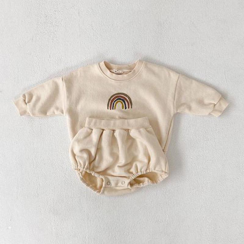 Baby Boys And Girls Rainbow Clothing Set Kids Casual Long Sleeve Rainbow Pullover Sweatshirt Tops + Shorts Children Clothes SetX1019