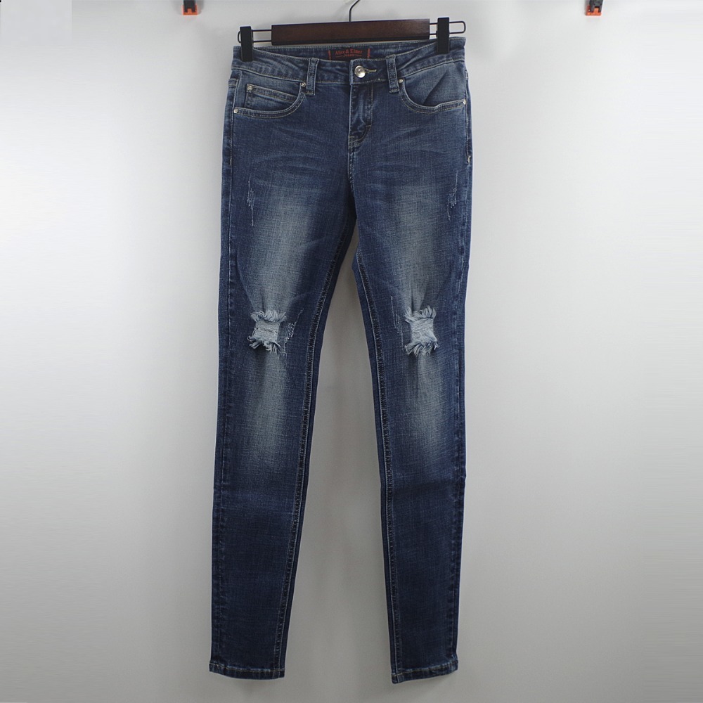 Alice & Elmer Women's jeans straight For Girls Mid Waist Stretch Female Jeans Pants Torn jeans for women 201030