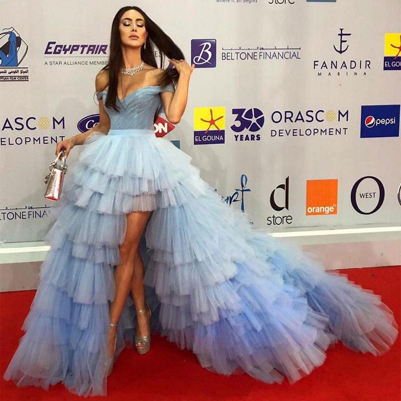 Light Sky Blue High Low Prom Dresses Off The Shoulder Neck Tiered Evening Gowns A Line Tulle Pleated Formal Dress