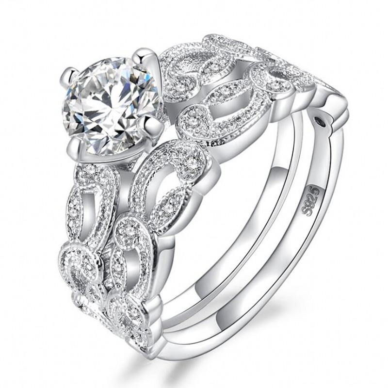 Women'S Fashion Jewelry 925 Sterling Silver Couple Rings Round Cut White Topaz CZ Diamond Gemstones Party Women Wedding Bridal Ring Set Gift