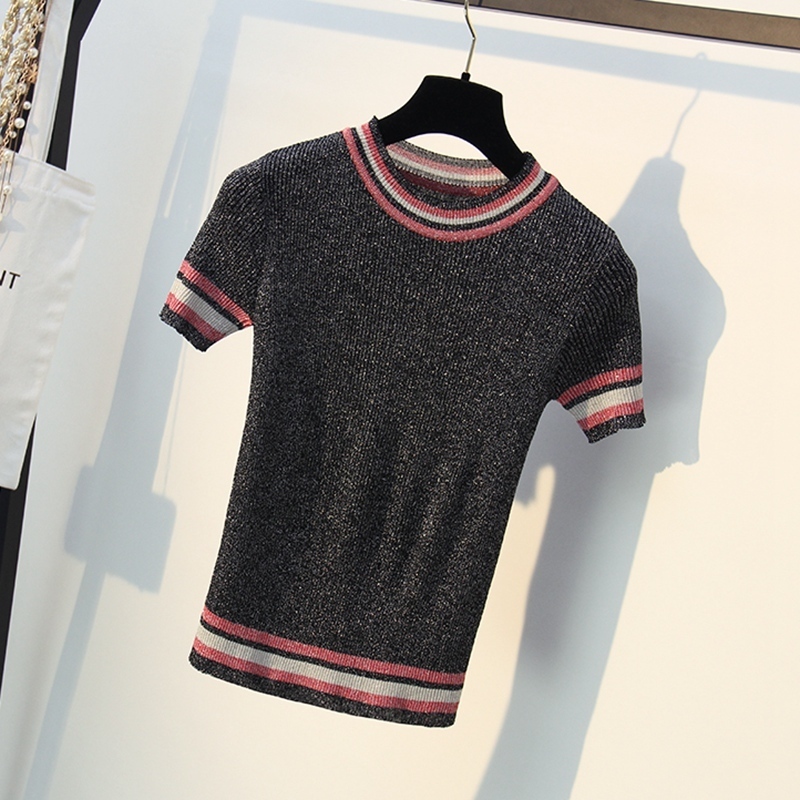 Glitter Knitted Women T Shirt Summer Tshirt Breathable Short Sleeves Top High Elasticity Striped Female T-Shirt T200512
