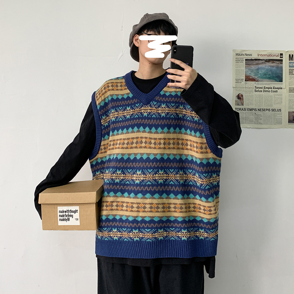 Men's V Collar Sleeveless Vest Knitting Waistcoat Sweater Vest School Spelling Color High Quality Pullover Khaki/blue Coats 201203