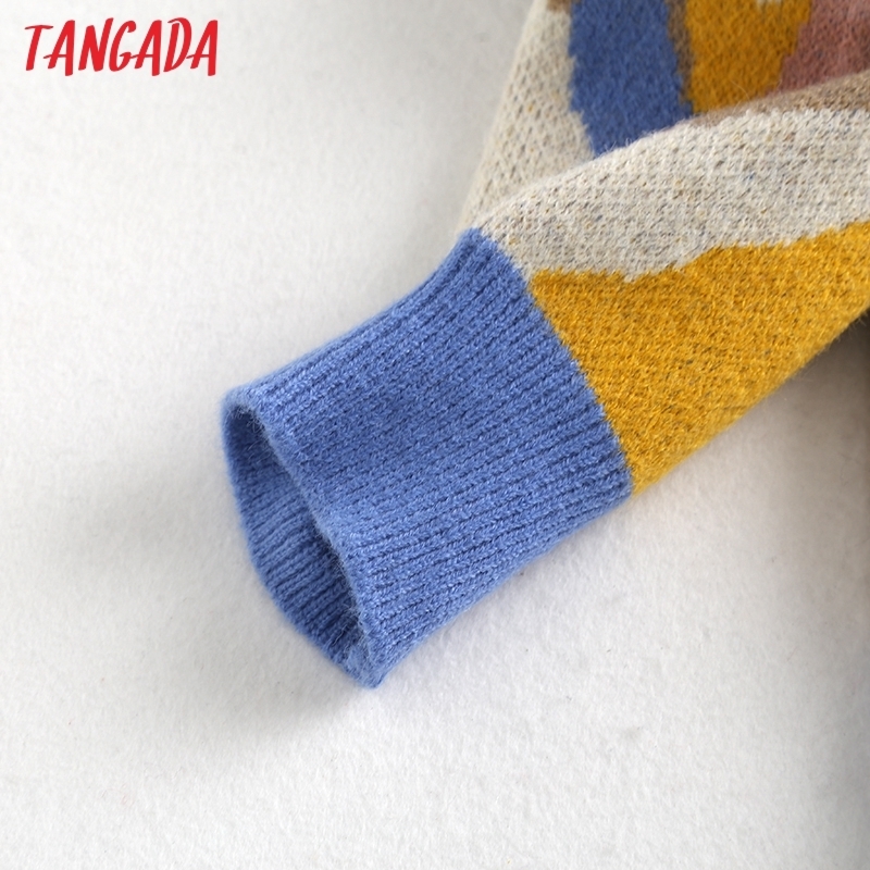 Tangada Women Elegant Pating Pattern Knitted Sweater Jumper O Neck Female Oversize Pullovers Chic Tops BC112 201109