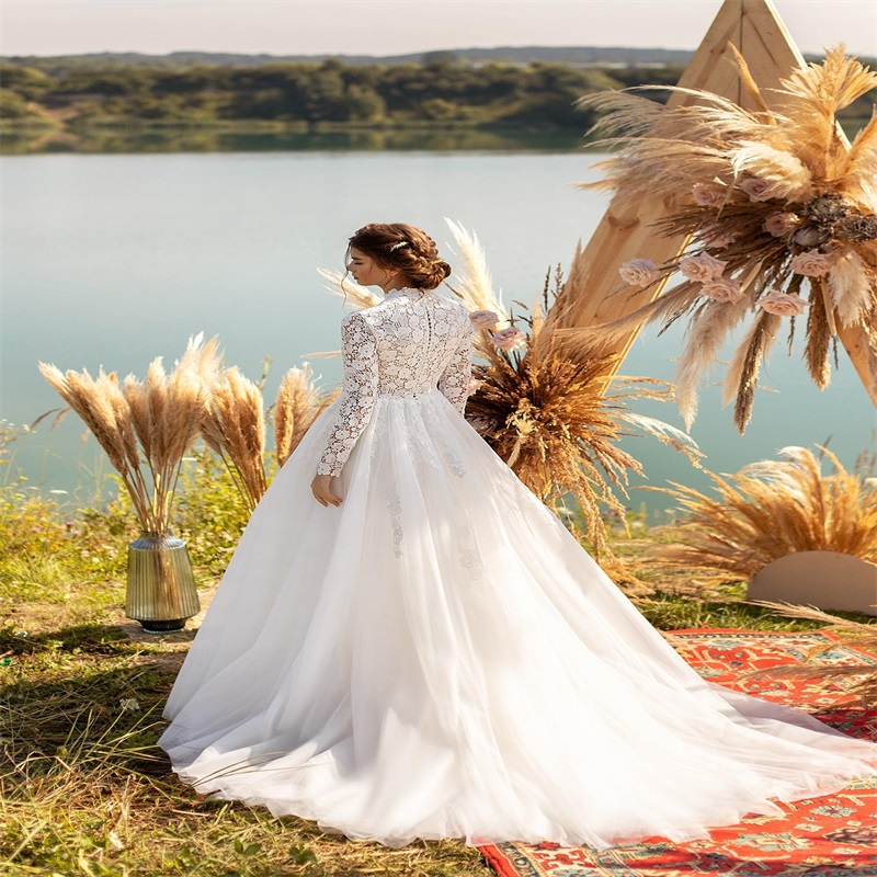 High Neck Wedding Dresses Long Sleeves Bridal Gowns Full Lace Sweep Train Boho Custom Made Soft Tulle Vestido De Novia