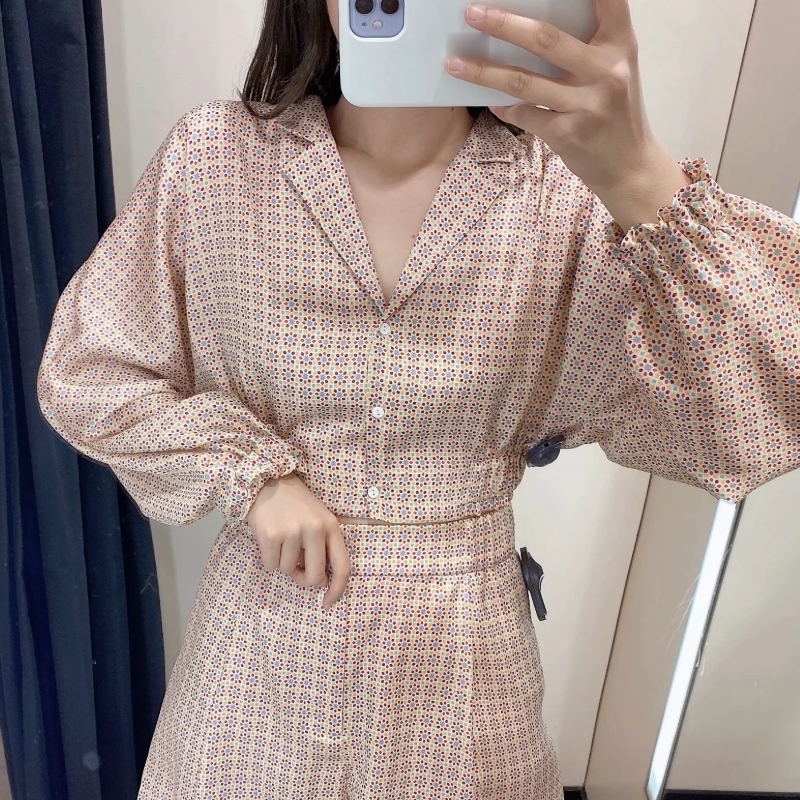 New women vintage geometric floral printing casual smock blouse ladies lantern sleeve kimono shirts chic blusas tops LS6598 T200720