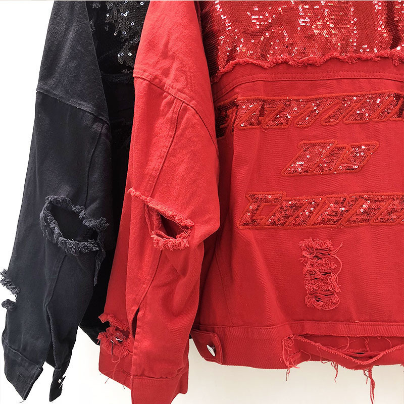 DEAT 2019 Red Black Denim Jacket Cotton Loose Free Size Coat Autumn Big Size Hole Jacket Women Sequin Denim Jacket MF746 T200111