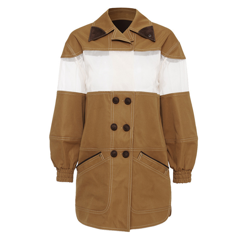 DEAT turndown collar full sleeves mesh transparent double breasted high waist kahki color jacket fashion coat WM28904L 201017