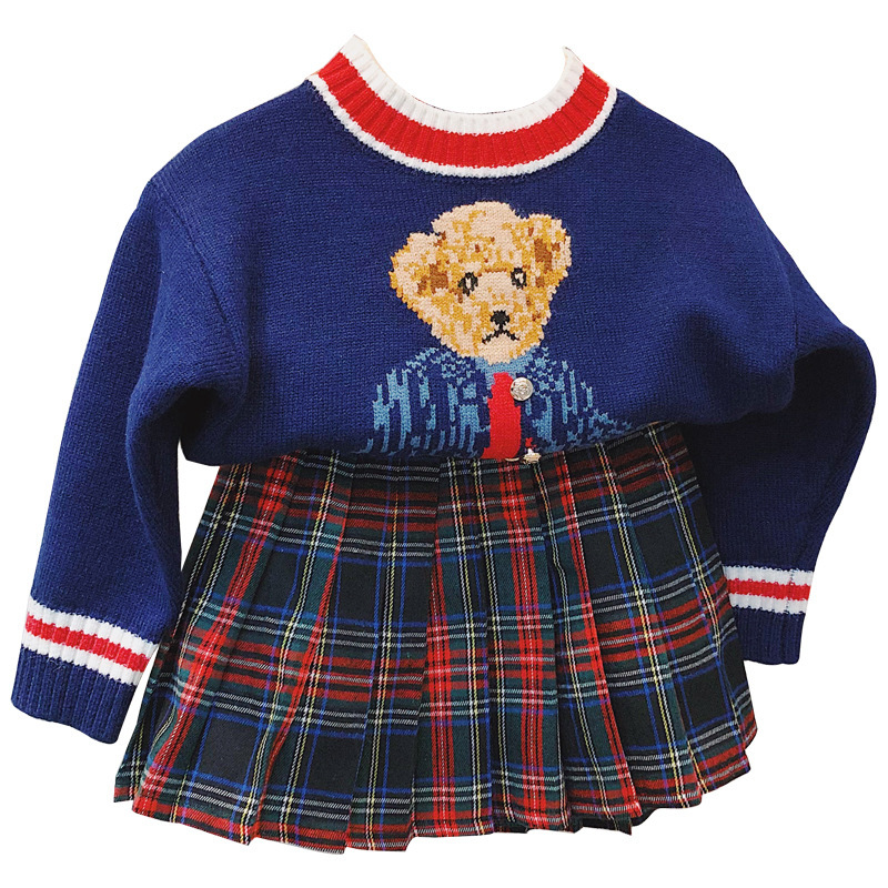 Kids Bear Sweater and Green Red Plaid Skirt for Girls Preppy Styles Clothes Outfit Set New Year Checked Boutique Clothes Y1117