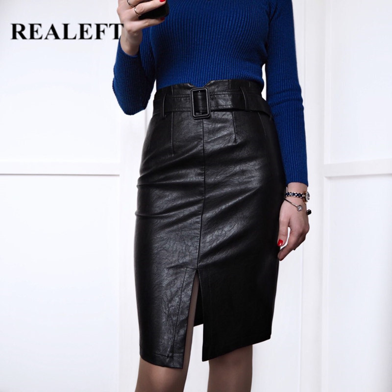 REALEFT Spring PU Leather Skirts Elegant Pencil Midi Skirts High Waist Split Sheath Wrap Skirts with Belt Female New 201110