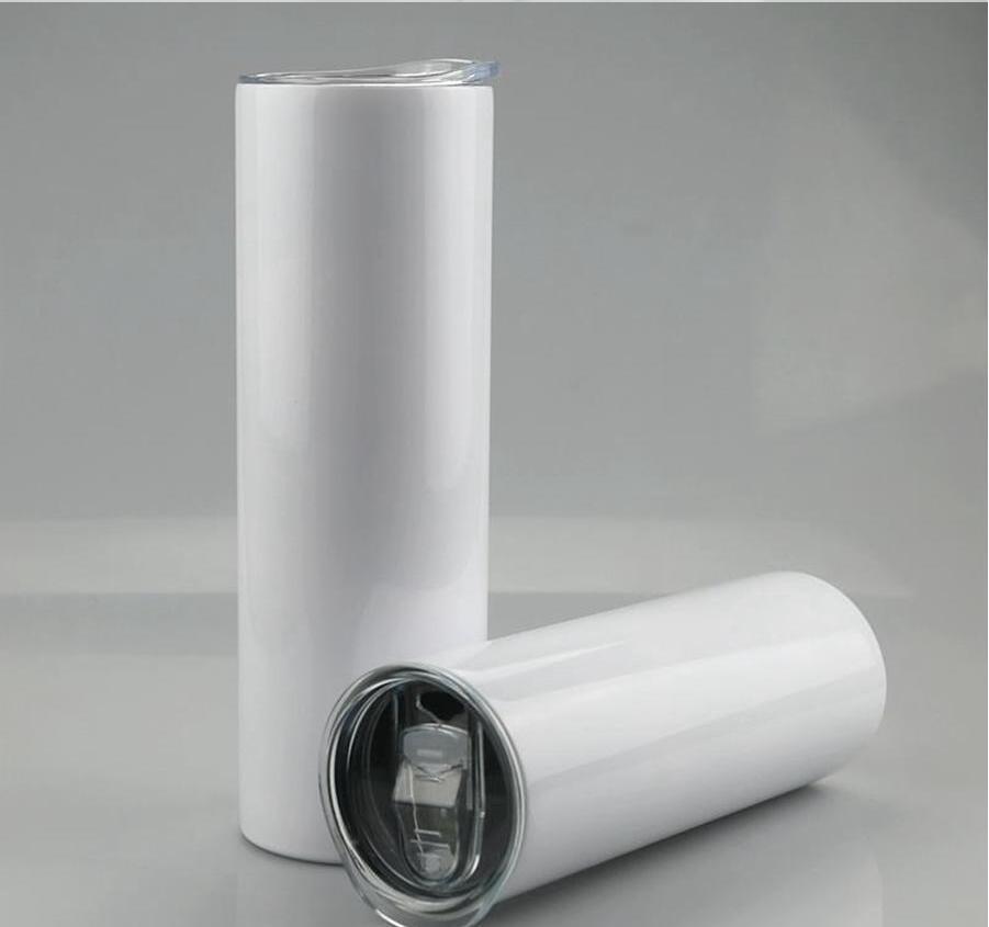 US Local Warehouse Sublimation Straight Skinny Tumbler 20oz blank white Stainless steel vacuum insulated cup with slid lid plastic straw individual bo