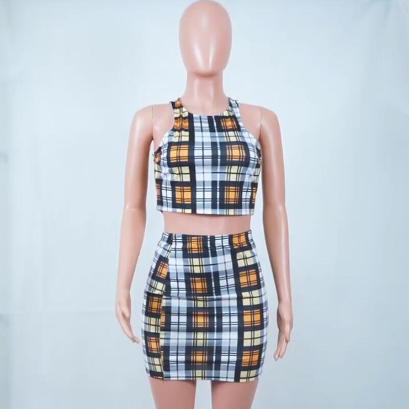 ANJAMANOR Yellow Plaid Print Sexy 2 Piece Set Womens Summer Matching Sets Club Outfits Crop Top and Skirt Short Suit D37-BF16 210204