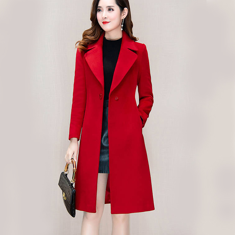 Women Woollen Overcoat Women's Mid Length Over Knee Autumn Winter Waist Suit collar Red Woollen Black Khaki Coat 201112
