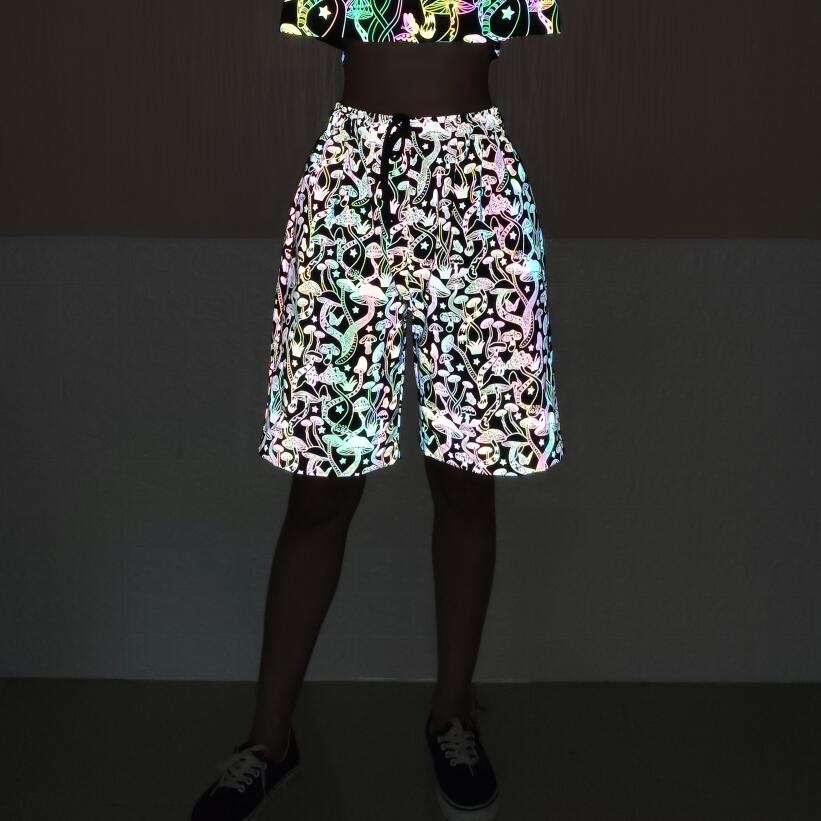 Summer men personality mushrooms hip hop punk reflective shorts women harajuku knee length shorts shiny kawaii short pants T200718