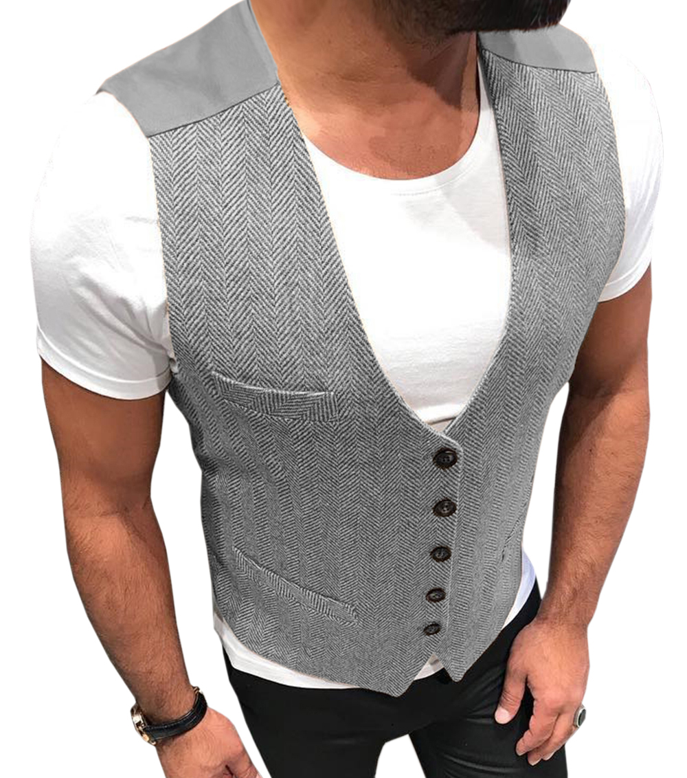 2021 Fashion Wool Groom Vests Wedding Brown Patchwork Herringbone Tweed Groom Vest Slim Fit Mens Business Suit Vest Prom Wedding Waistcoat