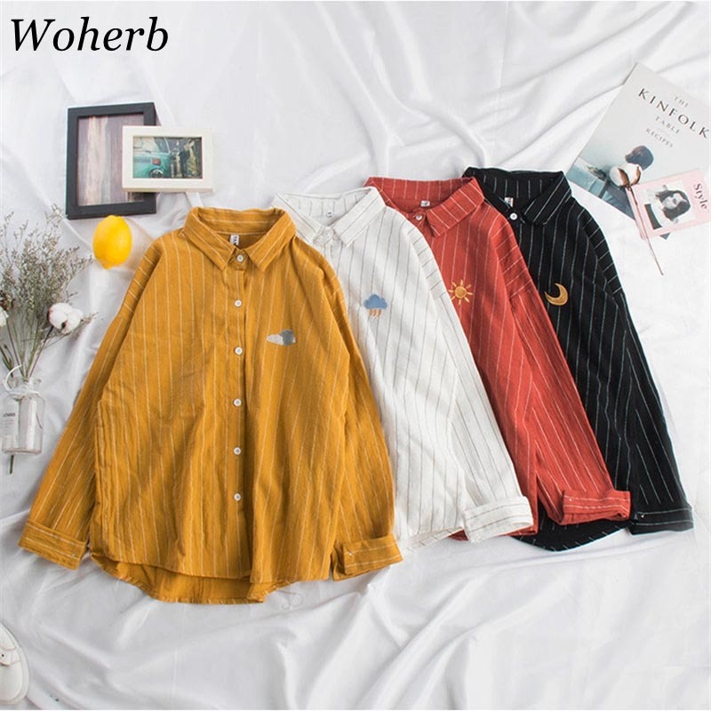 Woherb Women Kawaii Striped Blouse Moon Embroidery Korean Ladies Tops Blusas Casual Batwing Sleeve Linen Shirt 20824 210225