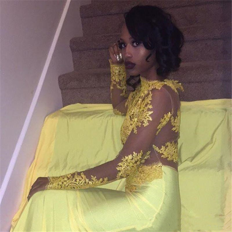 Long Train African Yellow Mermaid Prom Dresses Sexy Illusion Bodice Top High Neck Appliques Lace Long Sleeve Special Occasion Dress Evening