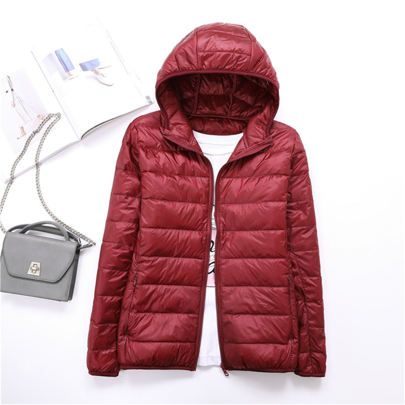 Spring Autumn Womens Jackets Ultra Thin Super Light Fashion Ladies Down Coats Red Pink Black Female Hooded Jacket Coats 4XL 201007