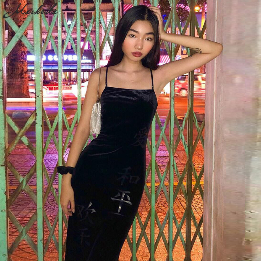 Macheda Autumn Women Fashion Chinese Character Print Spaghetti Strap Dress Lady Slim Split Hip Package Vintage Outfits New T200320