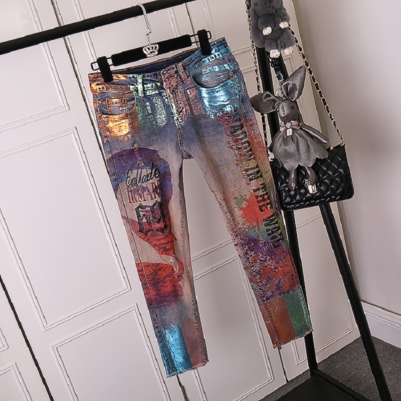 LUCKY STAR 3D Appliques pattern Painted Jeans Momen Straight Elegant Style Ripped Vintage Pattern Skinny Jeans D237 201029
