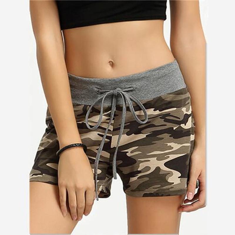 Women printing Shorts green Camouflage print Cotton Blend patchwork Elastic Wait Drawstring summer lady wild casual Sport Active short Pant