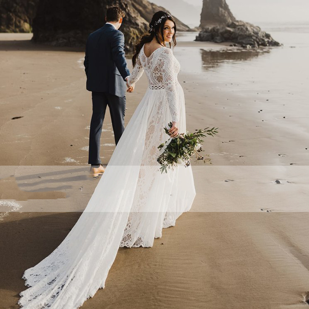 Spring Autumn Long Sleeves Beach Wedding Dresses V Neck A e Lace Chiffon Bridal Gowns Train Mariage Country Boho Bohemian Bride Dress