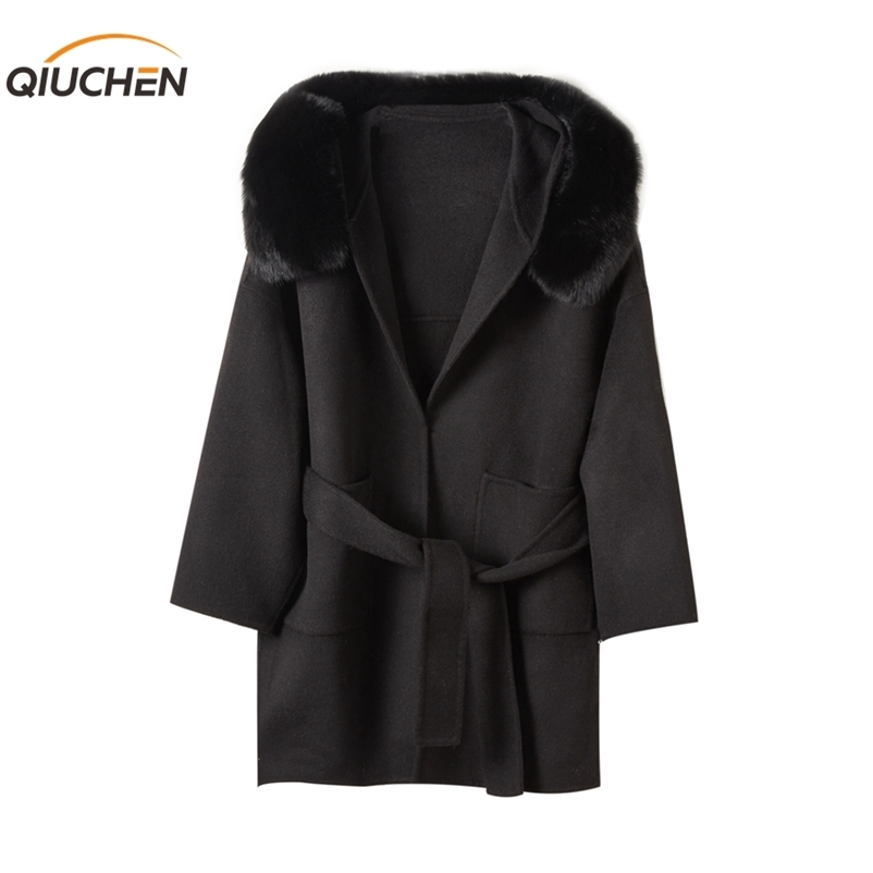QIUCHEN PJ New arrival high quality cashmere women jacket real fur real fox fur collar Fashion model 201222