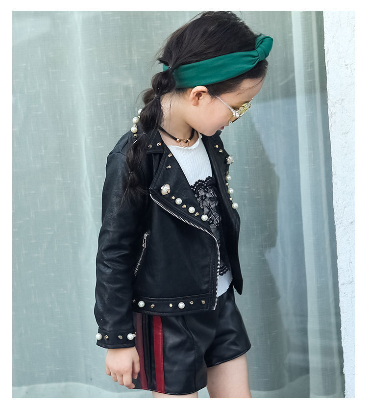 Spring and Autumn Children's Clothing Girls Pearl Leather PU Leather Children's British Shirt Zip-up Jacket 201125