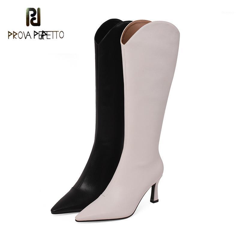 Cowhide Elegant Stiletto High Heel V-mouth Thin Boots Winter High Barrel Knight Boots Leather Stretch Shoes Women Black White1, Black leather in