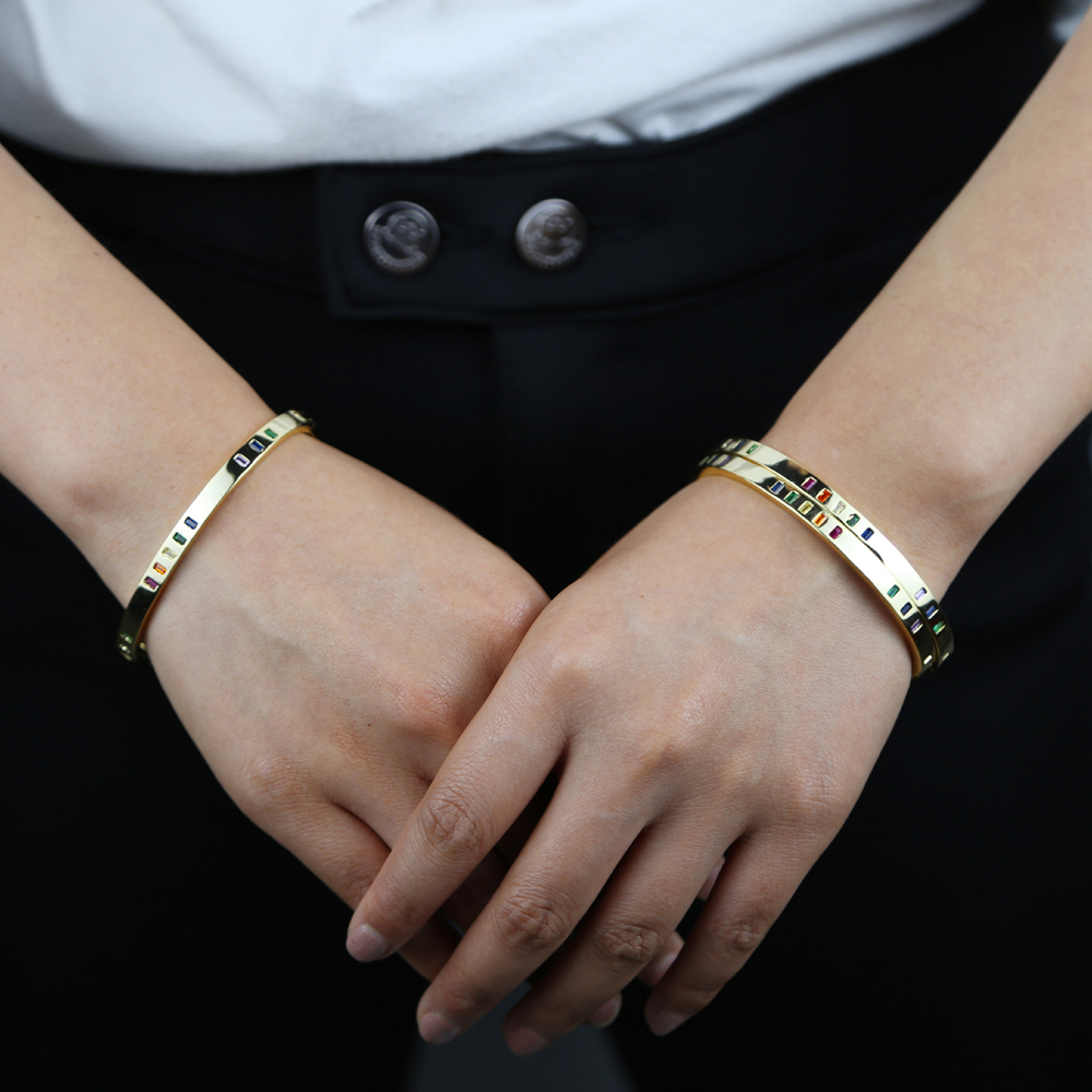 Classic Bling cz baguette rainbow colorful cubic zirconia bangle bracelet for women lady wedding party jewelry large size 60mm wholesale