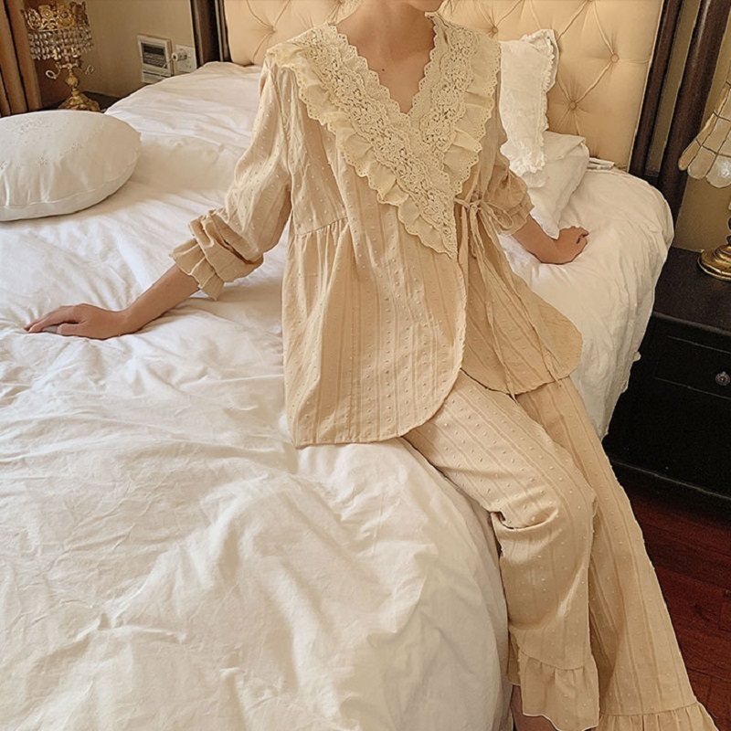 Spring Autumn Cotton V-neck Cardigan Women's Pajamas Sets Sweet Female Long Sleeve Kimono Pyjamas Loose Sleepwear Suits 201027