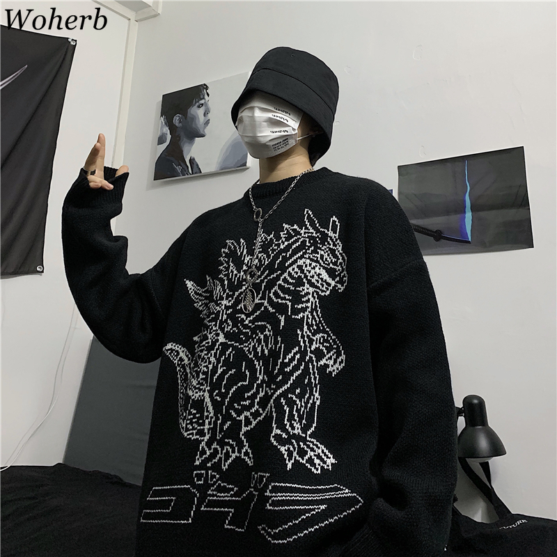 Woherb Vintage Loose Pullover Sweater Women Long Sleeve Dinosaur Pattern Knit Tops Jumpers Korean Fashion New Streetwear 91373 201023