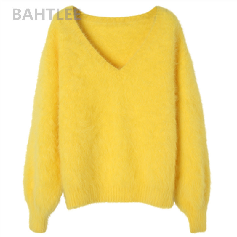 BAHTLEE Winter Women's Angora Rabbit Jumper Sweater V-Neck Lantern Sleeve Mink Cashmere Knitted Pullovers Keep Warm Thick Loose 201221